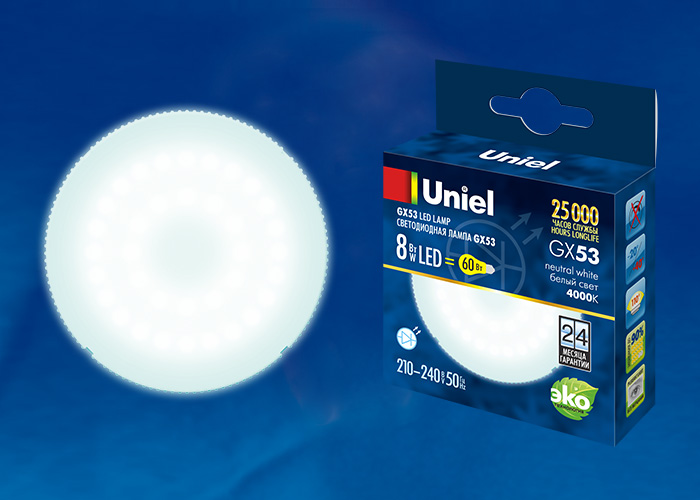 LED-GX53-8W/NW/GX53/FR PLZ01WH Лампа светодиодная, матовая. Белый свет. Картон. ТМ Uniel. LED-GX53-8W/NW/GX53/FR PLZ01WH Лампа светодиодная, матовая. Белый свет. Картон. ТМ Uniel.